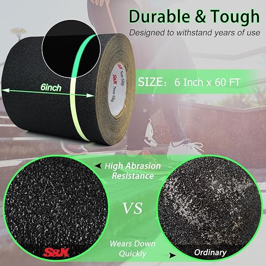S&X Anti Slip Tape 6 Inch x 60 Ft, 2X Longer Heavy Duty Grip Tape with Glow-in-Dark Strip, Outdoor Stair Treads Non-Slip for Steps, Ramps, Boats, Decks, Non-Skid Safety, Long-Lasting