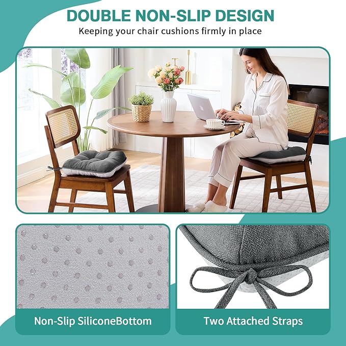 BETU Chair Cushions for Dining Chairs Set of 6,3.5" Thick Kitchen Table Chair Pads with Ties,Non Slip Backing and Covers, Seat Cushion for Dining Room,Bar,Patio Chairs,15.5"X15.5"X3.5",Dark Grey
