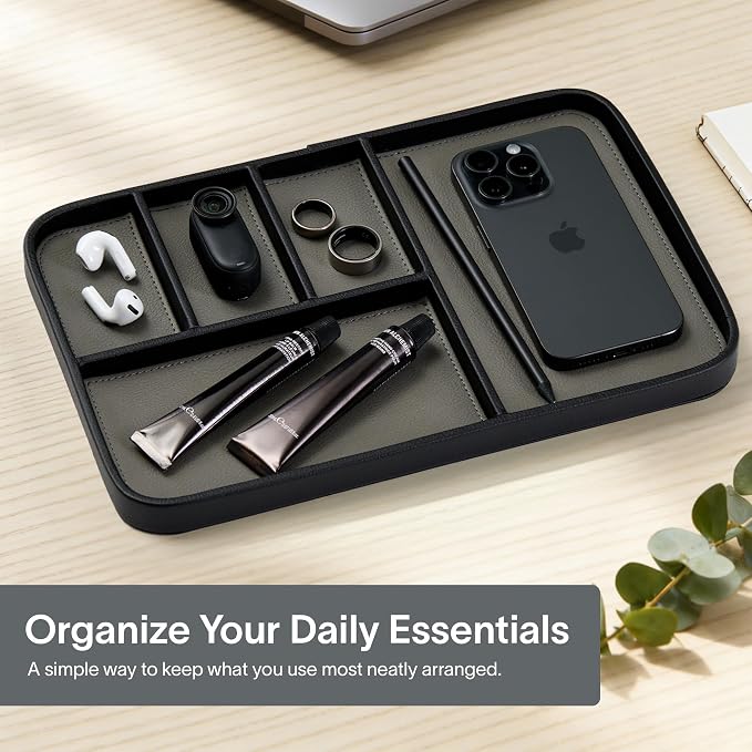 Nordik Leather Valet Tray - Pebble Black - 11.8x7.9 Inch Large Vegan Leather Tray - Stylish Nightstand Organizer for Men - Modern Bedside Caddy - EDC Catchall for Key Watch Wallet Jewellery