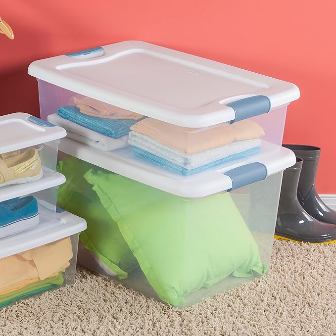 Sterilite 18-Pack Latching Box, Clear Plastic Under Bed Storage Bins with Lids, 32 Quart - Large Stackable Tote Organizer Containers for Closet, Bedroom, Bathroom, and Office Organization