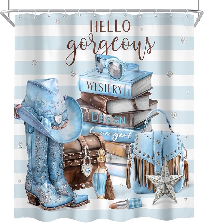 4Pcs White Blue Brown Shower Curtain Set, Western Cowgirl Fashion Diamond Boots Striped Hats Bathroom Curtain with Rug, Toilet Lid Cover, Bath Mat, Women Girls Shower Curtain with 12 Hooks