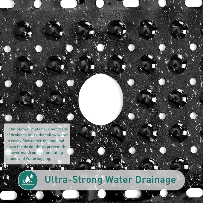 Large Square Shower Mat 27 x 27 Inch Black, Non Slip Shower Bathtub Mats for Inside Shower With Big Suction Cups Drain Holes, Anti Slip Bathroom Floor Shower Stall Mats, Easy Clean, BPA-Free