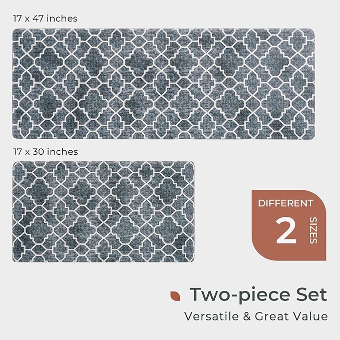 FRESHMINT Kitchen Mat Set of 2, Anti-Fatigue Cushioned Kitchen Mats for Floor, Waterproof Non Slip Comfort Standing Mat, Boho Kitchen Rug for Kitchen Decor, Sink, Office, 17"x30"+17"x47", Navy Blue