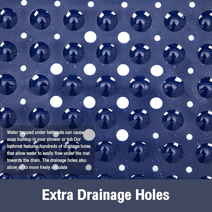 Extra Long Bathtub Mat Non Slip, Navy Blue Soft Bath Mat for Tub 40 x 16 Inch Full Size, Bath Tub Shower Mats for Bathroom Floor, Big Suction Cups and Drain Holes, Easy Washable, BPA Free
