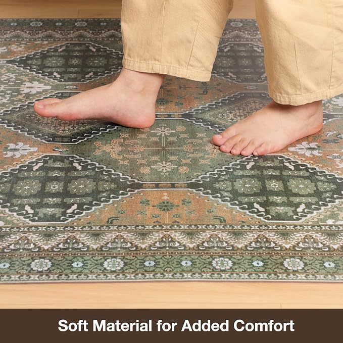 Floor Mat for Home 5×7ft, Easy Clean Plastic Rug-Like Pattern Area Mat for Living Room, Waterproof Vinyl Area Rug for Under Kitchen Table, No Slip Soft Vintage Rug for High Traffic Area (Green)