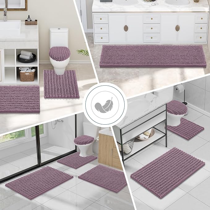 Smiry Bathroom Toilet Rugs U Shaped 24x20, Extra Soft Absorbent Non Slip Rubber Backing Chenille Contour Bath Rugs for Toilet, Machine Washable Contoured Bath Mats, Deep Plum