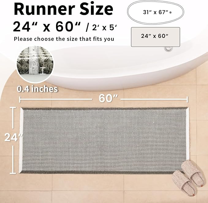 Waffle Runner Bath Mat - Long Boho Bathroom Rugs Non Slip Washable, Super Absorbent & Quick Dry, Soft Bath Mat Farmhouse Bathroom Decor, 24'' x 60'', Olive Green and White