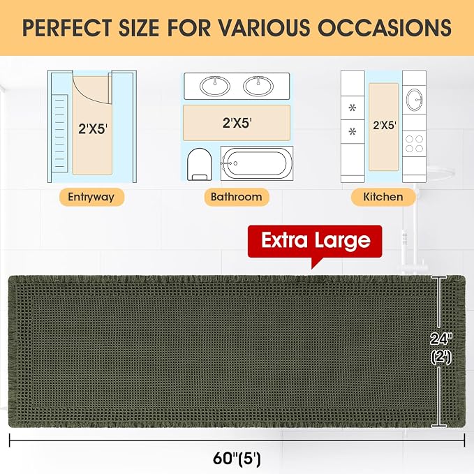 Extra Large Waffle Bath Mat, Boho Woven Modern Bath Rug Absorbent Non Slip, Ultra Soft Bathroom Mats, Machine Washable Knit Bath Rugs with Border for Bathroom, Bedroom, Kitchen, Tub, 5'x2', Dark Green