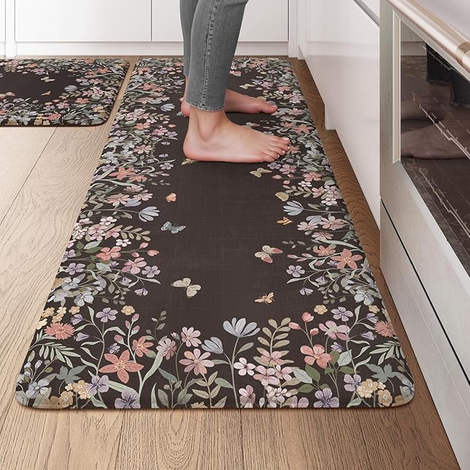 KIMODE Kitchen Anti Fatigue Mats, Farmhouse Kitchen Rugs Sets of 2, Memory Foam Kitchen Mats for Floor, Waterproof Non Skid Standing Mat for Sink Laundry Office Desk Black 20"x47"+20"x32"