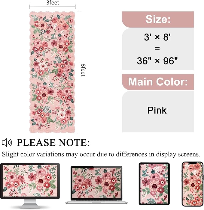 DUKINO 3x8 Washable Runner Rug, Soft Indoor Floral Non Slip Long Runner Rug for Hallways, Lightweight & Low Pile Floor Carpet for Kitchen, Entryway, Hallway, Bathroom, Laundry, Bedroom, Pink