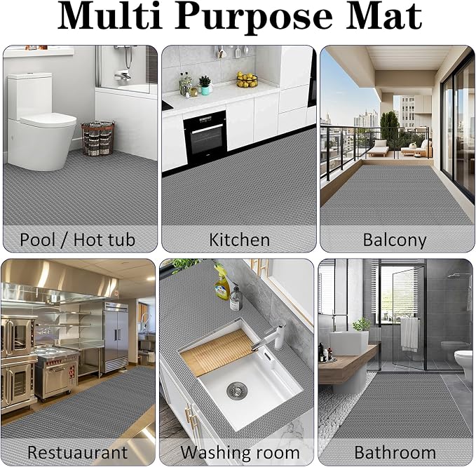Drainage Mat 3x16 Ft 0.22” Thick PVC Commercial Floor Mat Non Slip Pool Mat S-Shaped Shower Floor Heavy Duty Roll for Wet Area Kitchen Hotels Bars Bathroom Patio Outdoor Indoor Rug (Gray, 3x16 Ft)