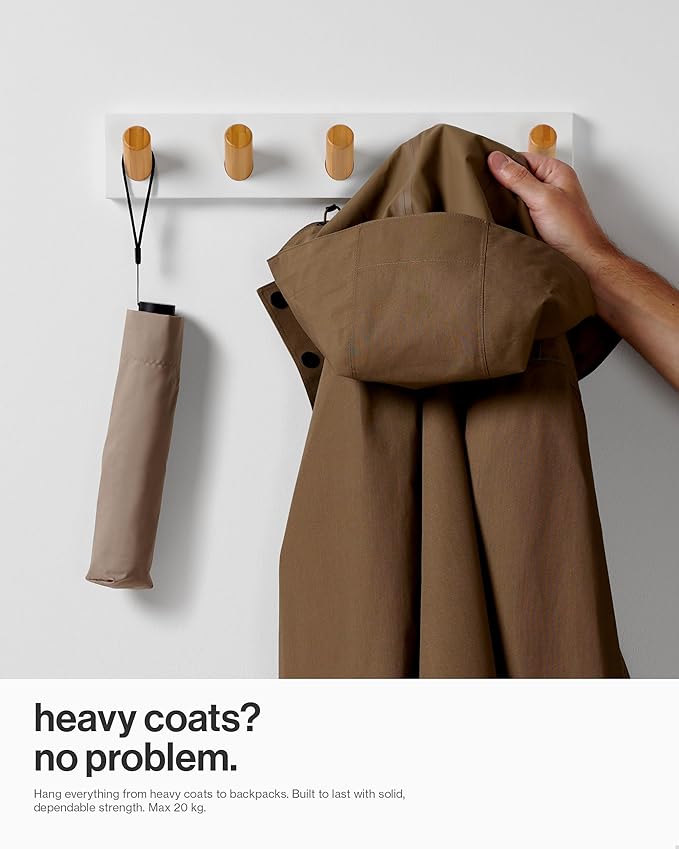LARHN Wall Mounted Coat Rack, White with 5 Heavy-Duty 1" Diameter Hooks (2-Pack), 16.5" - Wall Hook Rack - Modern Scandinavian Home Decor
