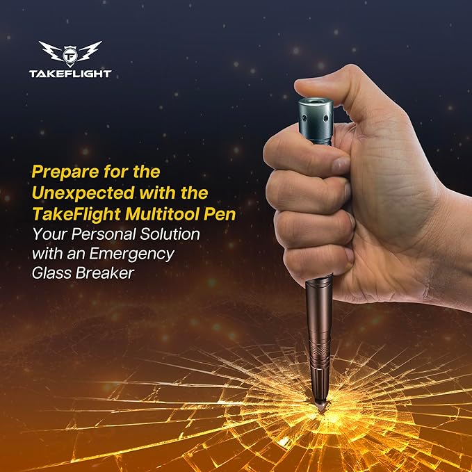 Tactical Pen – Self Defense Survival EDC Pen with LED Flashlight, Glass Breaker & Bottle Opener – Military Multitool Pen for Men & Women – Veteran-Owned TakeFlight – 2 Ink Refills + Extra Battery