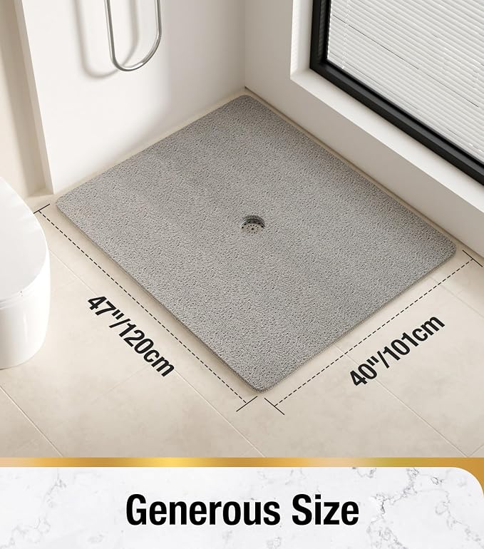 HITSLAM Square Shower Mat, 47 x 40 Inch Non Slip Bath Mat for Tub, Soft PVC Loofah Bathtub Mats with Drain Holes, Quick Drying Bathroom Stall Floor Mat, Bathroom Accessories Without Suction Cup, Grey