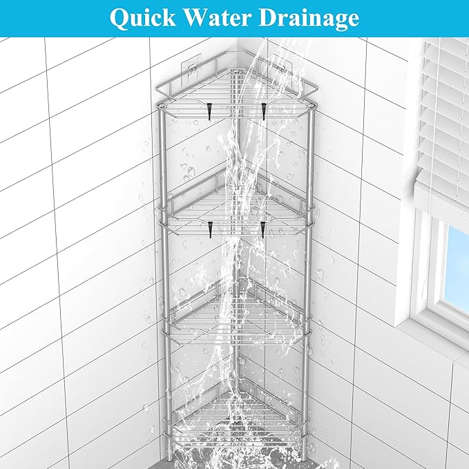 HuggieGems 4 Tier Floor Standing Corner Shower Caddy Organizer Shelf with Hooks, Bathroom Shelves Stand Rack, Gray