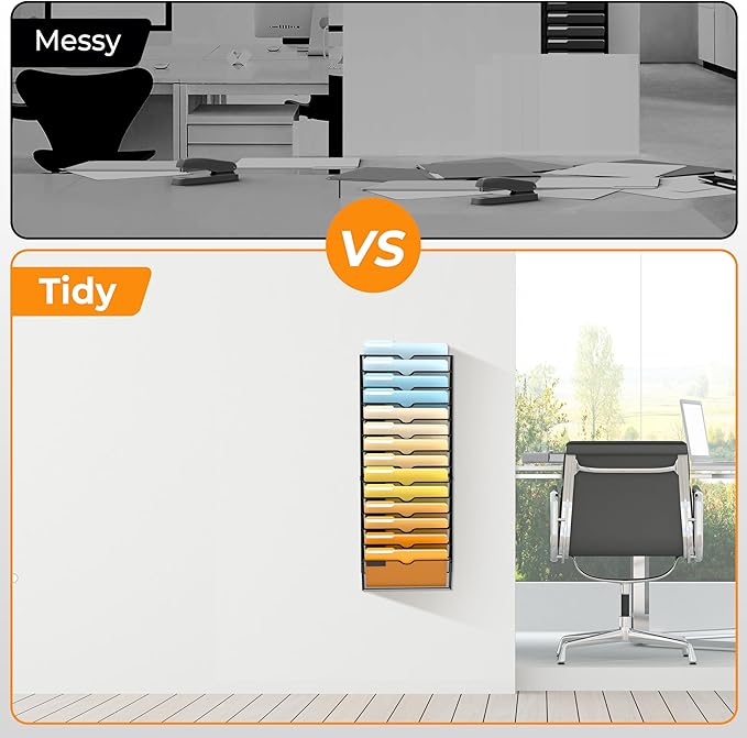 SUPEASY 14 Tier Wall File Organizer, Hanging Wall Mounted Mail Organizer with Label Slots, Metal Mesh File Holder Magazine Rack for Office, Home, School or Classroom, Black