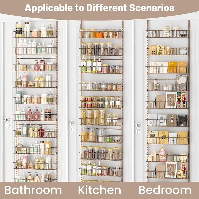 ElegantArray 9-Tier Pantry Door Oragnizer, Over The Door Pantry Organizer Rack and Storage, Hanging Spice Rack Shelves Door, Home Office Laundry Room Bathroom & Kitchen Organization, Brown