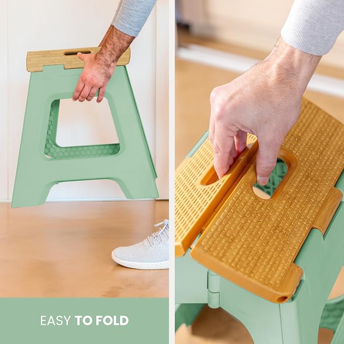 Vigar Compact Folding Step Stool - 12-1/2 Inch Foldable Step Stool for Adults, Lightweight Portable Stool with Handle, Non Slip Step Stool, Space-Saving Stool up to 330 lb- Green, Bamboo Print Top