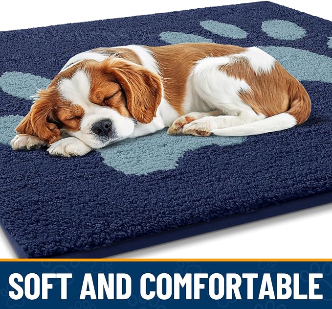 Smiry Dog Door Mat for Muddy Paws, Absorbs Moisture and Dirt, Low-Profile Entryway Mat with Non-Slip Backing, Entry Indoor Outdoor Doormat for Inside Floor (47x24 Inches, Dark Blue, Paw)