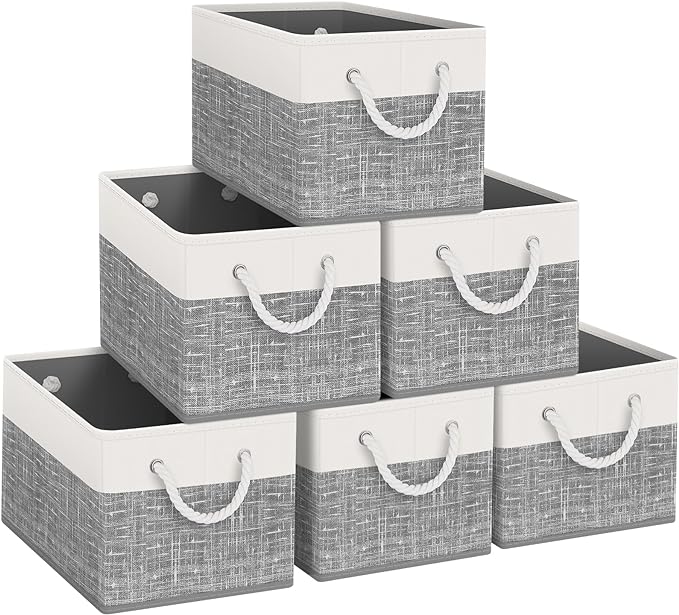 Fab totes Storage Bins 6-Pack, Foldable Storage Baskets for Organizing Toys, Books, Shelves, Closet, Large Storage Box with Rope Handles, Sturdy Organizer Bins, White & Grey