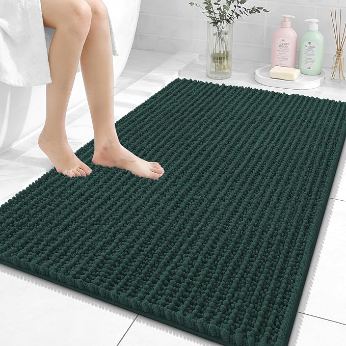 OLANLY Bathroom Rug Mat 40x32, Thick Soft and Absorbent Chenille Bath Mat, Non-Slip Rubber Backing, Machine Washable Quick Dry Bath Rugs for Tub Shower Floor, Home Decor Accessories, Blackish Green