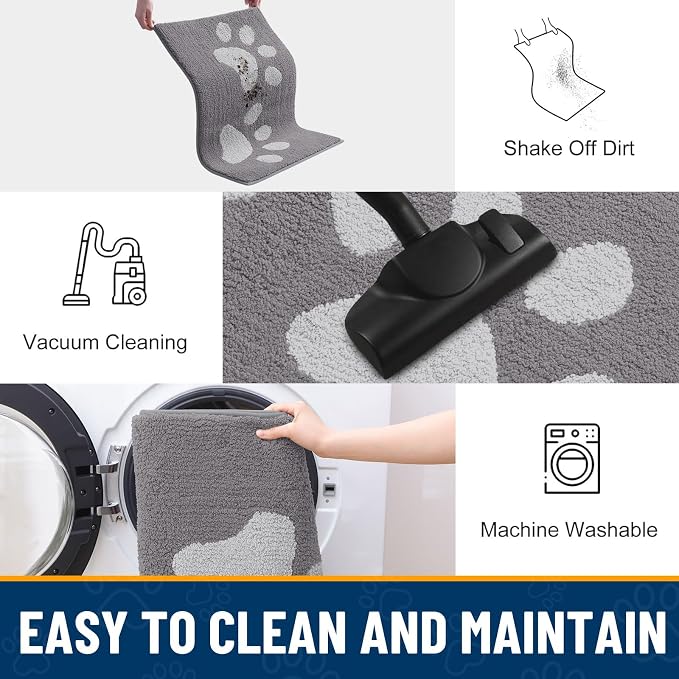 Smiry Dog Door Mat for Muddy Paws, Absorbs Moisture and Dirt, Low-Profile Entryway Mat with Non-Slip Backing, Entry Indoor Outdoor Doormat for Inside Floor (40x32 Inches, Light Grey, Paw)