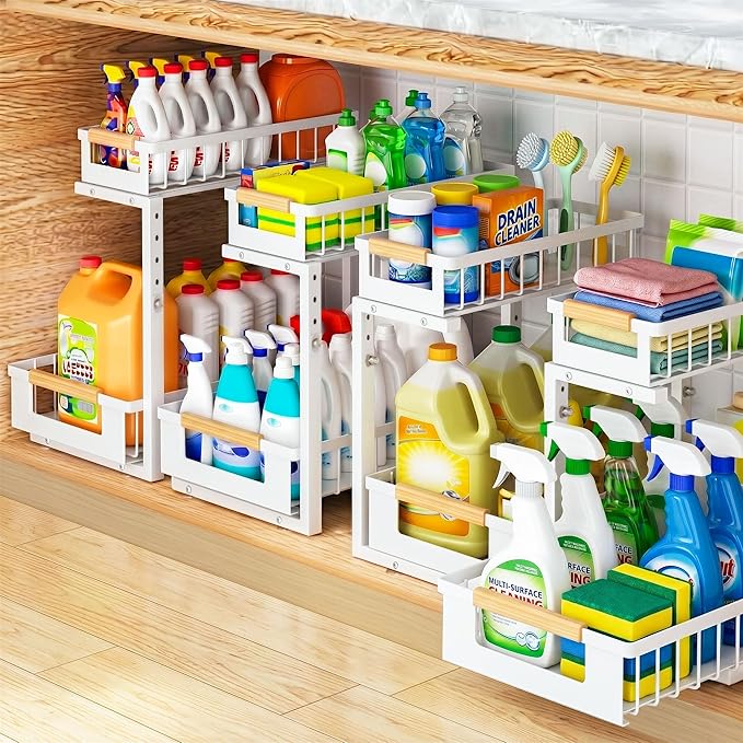Under Sink Organizer, 2 Tier Pull Out Cabinet Organizer with 5 Adjustable Heights, Metal Under Sink Storage with Sliding Drawers for Kitchen, Bathroom, Pantry and Laundry Room, 4-Pack White