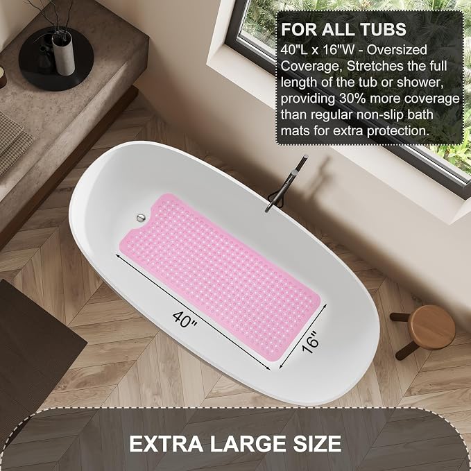 TEESHLY Bath Tub and Shower Mats, Non Slip 40 x 16 Inch Extra Large Bathtub Mat, Machine Washable Bathmat with Drain Holes, Suction Cups for Bathroom Floor, Clear Pink