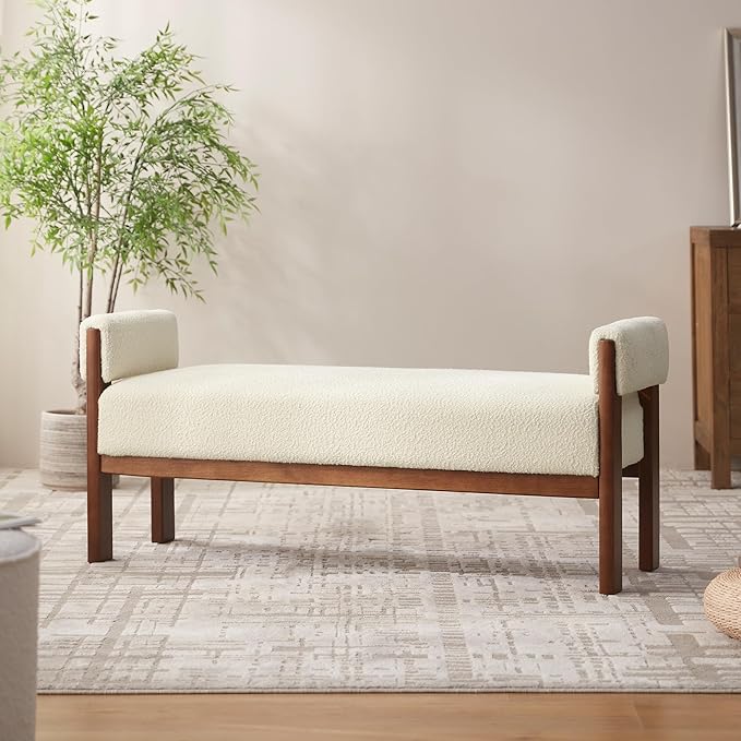 VKNOW End of Bed Bench, 51.8” Upholstered Bedroom Bench Indoor Bench with Solid Wood Frame, Modern Entryway Bench with Arms for Bedroom Living Room, Beige