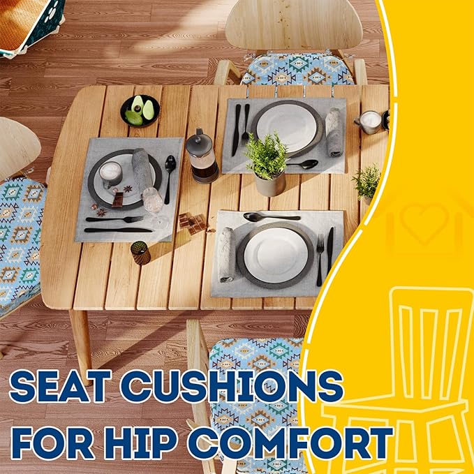 AAAAAcessories D-Shaped Chair Cushions, 2" Thick Dining Chair Pads with Ties and Removable, Machine-Washable Cover, 17" x 16", Set of 6, Geometric Blue