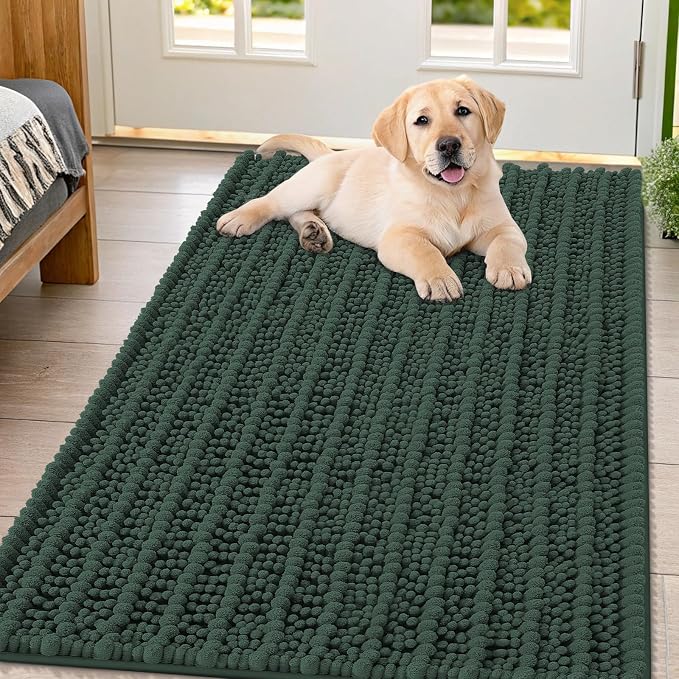 Smiry Dog Door Mat for Muddy Paws 47x32, Absorbent Dirt Trapper, Non-Slip Washable Chenille Entryway Rug for Inside Floor, Green, Layered Pattern