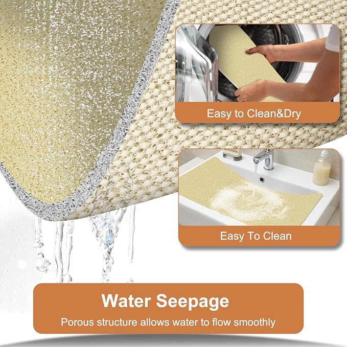 Non Slip Shower Mat 24"x16", Loofah Shower Mat for Inside Shower, Quick Drying Bath Mat for Tub & Bathroom Floor, Soft Textured & Elderly Safe, Machine Wash, Beige