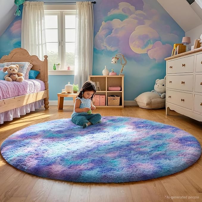 Ophanie Round Rugs 5Ft Tie-Dye Rainbow Purple Area Rug, Aesthetic Room Decor, Fluffy Fuzzy Bedroom Carpet, Plush Soft Shaggy Colorful Living Room Rugs for Kids Home, Nursery