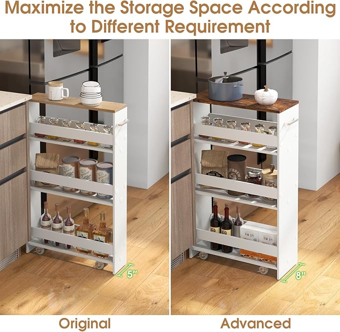 Giantex 4 Tier Rolling Slim Storage Cart, 8" Narrow Slide Out Kitchen Cart w/Handle & Open Shelves, Space-Saving Compact Mobile Utility Trolley for Small Space Laundry Room (White & Natural)
