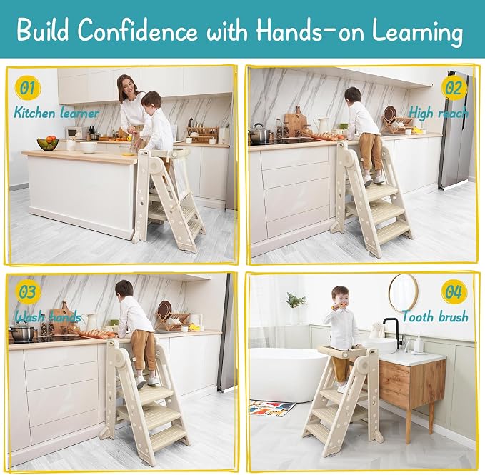 Forbena Collapsible Montessori Learning Standing Tower for Toddlers, Foldable Toddler Kitchen Stool Helper, Adjustable Plastic Kids Children Stepping Stool for Counter Bathroom Sink (Apricot)