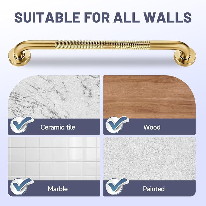 24 Inch Shower Grab Bar, Brushed Gold Anti Slip Safety Bars, 304 Stainless Steel Bathroom Handrail, Handicap Grab Bars for Wall, Shower Grip Handle for Seniors Elderly Injury Assist Bath (1.25" Dia)