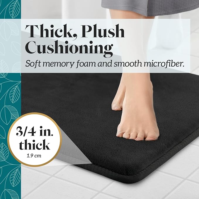 Memory Foam Bath Mat Non Slip Absorbent Super Cozy Velvet Bathroom Rug Carpet (24 inches X 48 inches, Black)