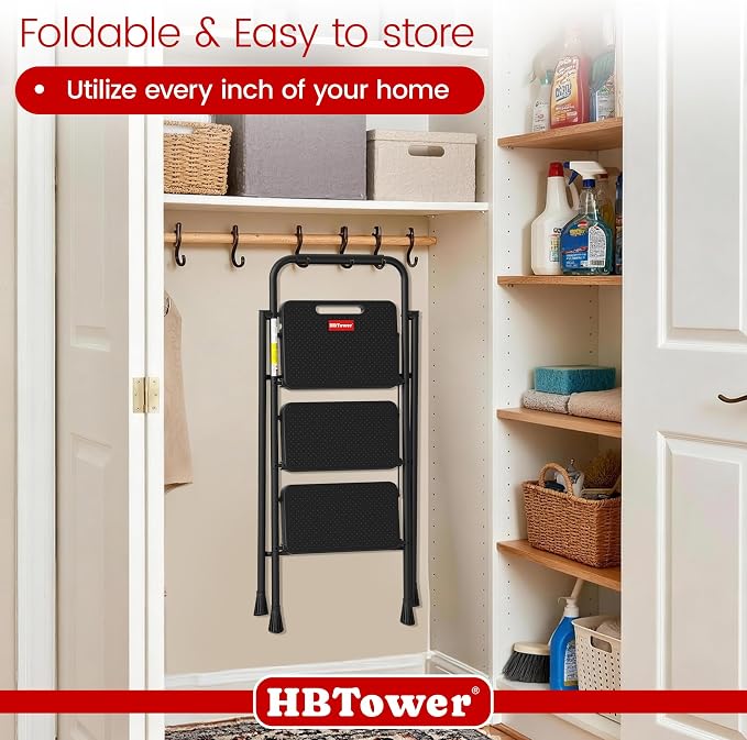 HBTower Step Ladder, Step Stool Foldable for Adults with Wide Anti-Slip Pedal, Lightweight 3 Step Ladders for Home