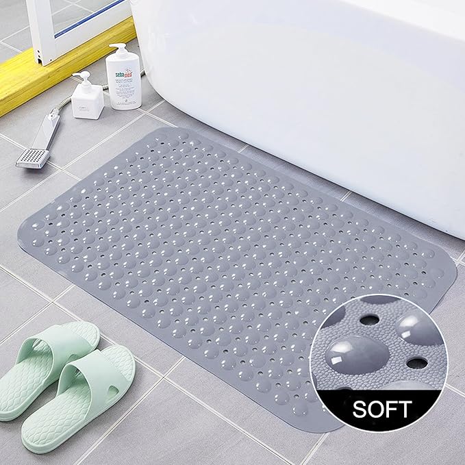 Bathtub and Shower Mats, 28 x 15 Inch Non-Slip Bath Mat, Machine Washable Bath Tub Mat with Suction Cups & Drain Holes for Bathroom, Beige