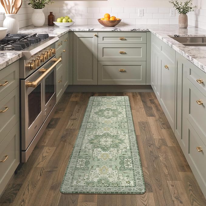 GENIMO Kitchen Mats for Floor, Washable Anti Fatigue Mat for Cushioned, 17.3"x59", Waterproof Kitchen Rugs, Non Slip Foam Comfort Standing Mat Rug for Home, Runner, Sink, Laundry, Light Green