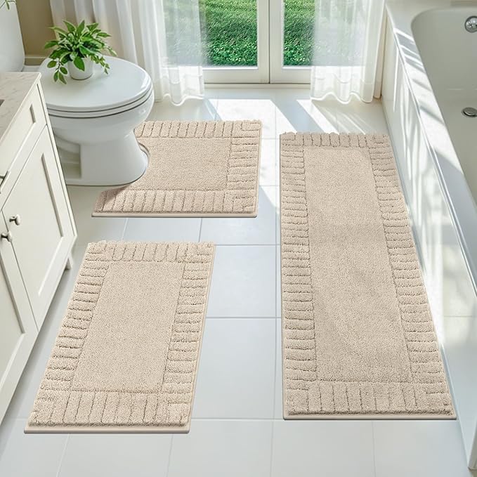 Pauwer Bathroom Rugs Sets 3 Piece Non Slip Machine Washable Bathroom Shower Rugs with U-Shaped Contour Toilet Mat Plush Shaggy Absorbent Microfiber Bath Mat Set, Light Beige