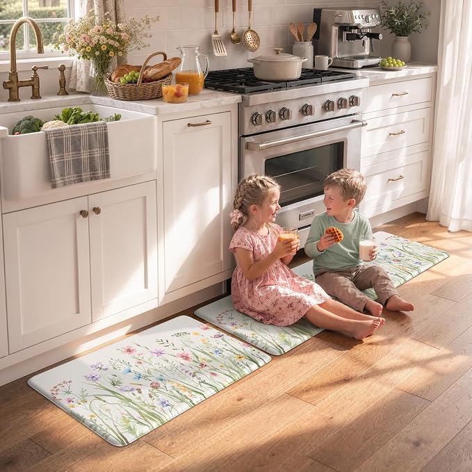 KIMODE Anti Fatigue Kitchen Mat for Floor, Farmhouse Floral Kitchen Rugs Sets of 2, Kitchen Floor Mats Non-Slip, Cushioned Standing Mat for Sink, Laundry, Desk, Home White 17"x47"+17"x29"