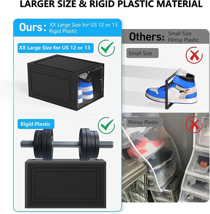 XX-Large Clear Shoe Storage Boxes with Magnetic Door, Thickened Stackable Shoe Organizer 12 Pack, Sneaker Display Case for Closet Organization & Entryway Storage, Dust-Proof Space Saving System, Black