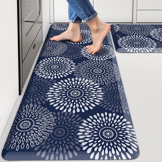 LuxStep Kitchen Mats for Floor,0.47 inch Thicker Cushioned Rug Anti-Fatigue Mats for Kitchen Decor Accessories,Waterproof Non-Slip Mats and Rugs Set for Office,Laundry 17.3"×29"+17.3"×47",Blue