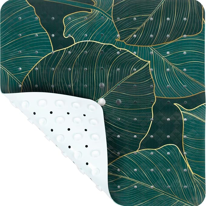 Square Shower Mat Non Slip 21x21 Inch, Green Leaf Anti Slip Shower Mat for Inside Shower Bathtub Mat Non Slip Tropical Banana Leaves Bath Tub Mat Shower Floor Mat Bathroom Mat with Large Drain Holes