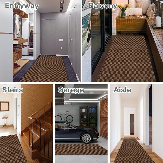 Custom Size Runner Rug 3 ft x 72 ft, 2-82ft Carpet Runners Hallway Entryway Kitchen Garage Laundry Room Area Rugs with Non-Slip Rubber Backing, Checkered Brown