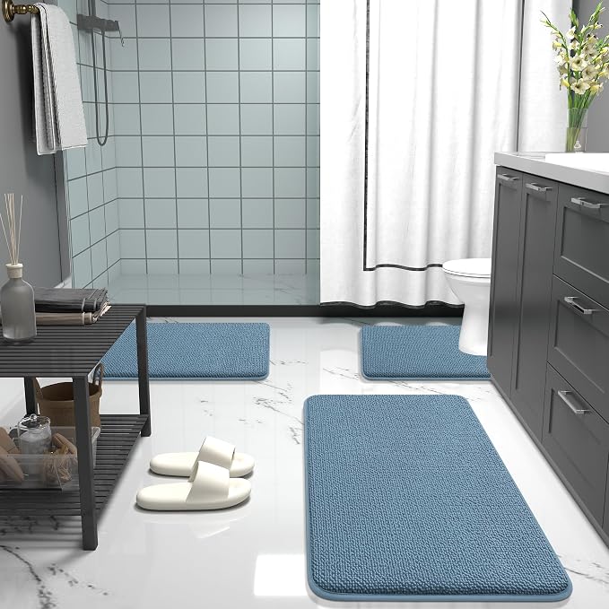 OLANLY Thick Memory Foam Bath Mat Rug 35x24, Extra Soft Absorbent Bathroom Rug, Quick Dry Bath Mats, Non-Slip, Machine Washable Carpet for Bathroom, Tub and Shower, Home Decor Accessories, Airy Blue