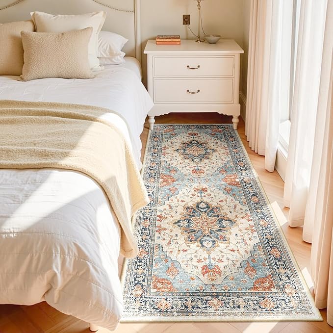 RELEANY Area Rugs Runner 3'x8' Washable Non-Slip, Floral Vintage Distress Medallion Carpet for Kitchen Hallway Bedroom Beside Laundry Room Bathroom, Beige Navy Blue Orange Colorful
