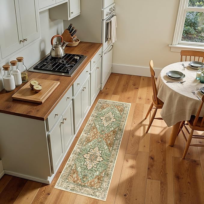 RELEANY Area Rugs Runner 2'x5' Washable Non-Slip, Floral Vintage Distress Medallion Carpet for Kitchen Hallway Bedroom Beside Laundry Room Bathroom, Terracotta Burnt Orange Green
