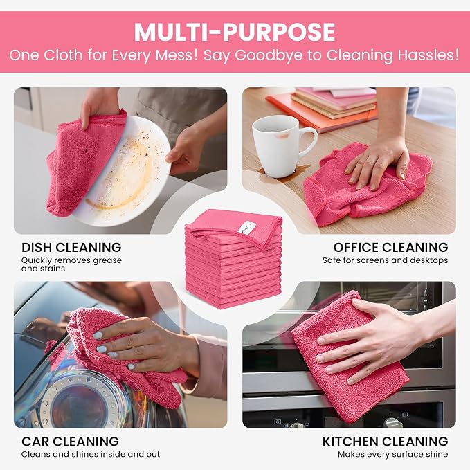 SIFANGKE Microfiber Cleaning Cloth, 12 Pack HotPink Cleaning Rags for Housekeeping, Reusable Microfiber Towels for Car, Kitchen, Bathroom and Household Cleaning Supplies, 11.8"X11.8"